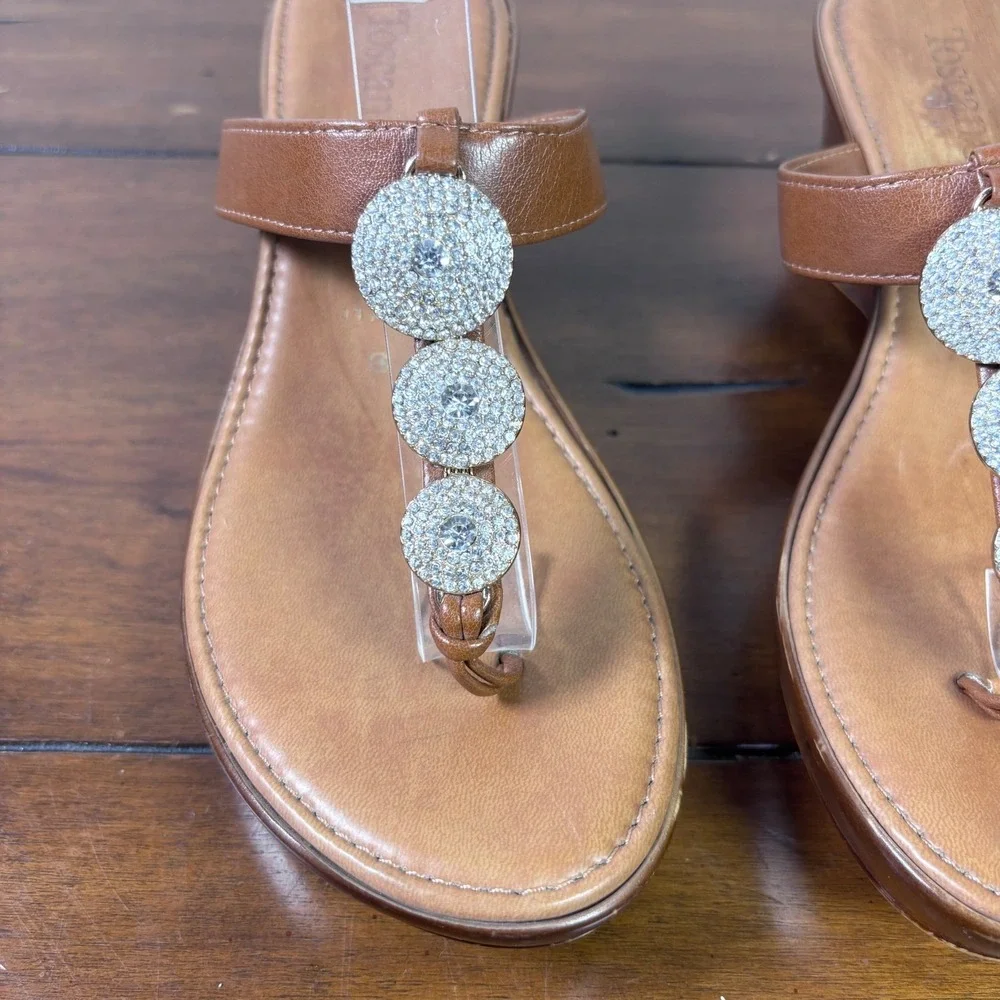 Toscanella Wedge Sandals Womens 8 Brn Leather Crystal Embellished Made in Italy